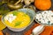 Seasonal pumpkin cream soup with popcorn. Photo