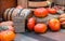 Seasonal pumpkin harvest on straw market selective focus