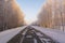 A seasonal road in winter that is lined with snow covered trees in winter.