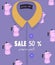 Seasonal sale, discounts. Funny vector flyer for seasonal discounts and summer clothing sales. Lilac trendy shirt with a print of