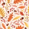 Seasonal seamless pattern with acorns, fallen oak leaves, viburnum berries on white background. Natural vector