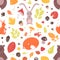 Seasonal seamless pattern with adorable wild forest animals, autumn leaves, acorns and mushrooms on white background