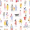 Seasonal seamless pattern with tiny men, women and children dressed in winter clothes walking on city street, riding