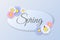 Seasonal Spring Label. Paper oval banner with multicolored flowers. Ladybug on a daisy. Light blue sticker. Realistic flowers.