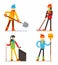 Seasonal spring summer cleaning snow leaves garbage clean tidy characters flat design vector illustration