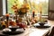 Seasonal table setting with pumpkins and flowers