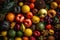 Seasonal various fresh fruits background colorful on a wooden table, top view, generative ai