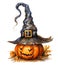 Seasonal watercolour style illustration of Halloween pumpkin wearing a witch\\\'s iconic hat