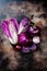 Seasonal winter autumn purple vegetables background. Plant based vegan or vegetarian cooking concept. Clean eating food