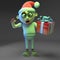 Seasonal zombie monster celebrates Christmas with Santa hat and gift, 3d illustration