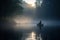 A seasoned angler casting his line into a still, misty lake during the early morning hours - AI Generated