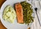 seasoned baked salmon with mash potatoes and french cut beans