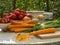 Seasonly riped vegetables with old fashion preserving jars, cooking pot.