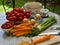 Seasonly riped vegetables with old fashion preserving jars, cooking pot.