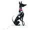 Seated black hound dog Great Dane in a pink collar. Vector illustration