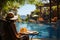 Seated in a tropical cafe, woman enjoys serene poolside ambiance