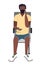 Seating African young guy with medical face mask using smartphone. Vector illustration. Train passenger with protective