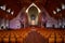 Seating area with wood seating under sloped ceiling on modern interior of Holy Trinity Cathedral, Parnell, Auckland, New Zealand