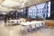 Seating in empty corporate business cafeteria, Los Angeles