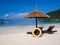 Seats and sun shelter with peoples on white sand beach sea view background, Travel plans in holidays or after retirement