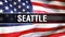Seattle city on a USA flag background, 3D rendering. United states of America flag waving in the wind. Proud American Flag Waving
