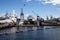 Seattle dock and ships during summer. View from Elliott Bay. Space Needle. Washington state.