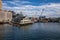 Seattle dock during summer. View from Elliott Bay. Space Needle. Washington state.