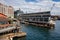 Seattle dock during summer. View from Elliott Bay. Space Needle. Washington state.