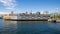 Seattle pier The Edgewater Hotel during summer. View from Elliott Bay. Space Needle. Washington state.