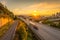 Seattle skylines and Interstate freeways converge with Elliott Bay and the waterfront background of in sunset time, Seattle, Washi