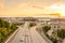 Seattle skylines and Interstate freeways converge with Elliott Bay and the waterfront background of in sunset time, Seattle, Washi