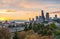 Seattle skylines and Interstate freeways converge with Elliott Bay and the waterfront background of in sunset time, Seattle, Washi