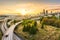 Seattle skylines and Interstate freeways converge with Elliott Bay and the waterfront background of in sunset time, Seattle, Washi