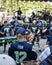 Seattle, Washington - 8/9/2018 : A fan in a 12th man fan watch the Blue Thunder drumline in front of CenturyLink Field