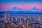 Seattle, Washington, USA has a downtown skyline at twilight.