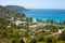 Seaview from above, tropical coast with hotels