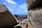 Seaview between rocks at the pink granite coast near Perros Guirec in Brittany France