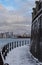 Seawall path in overcast winter day, the curved lines of a path around Stanley Park with the waters of the Pacific Ocean