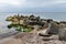 Seaweed covered stones in seawater. Beach on the Baltic Sea in Central Europe.