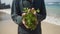 Seaweed farmer holds a handful of fresh seaweed on beach in Indonesia