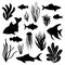 Seaweed and sea fish set of vector silhouettes. marine life and