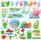 Seaweed water plants, algae vector illustration set, cartoon flat underwater nature collection of sea ocean aquarium