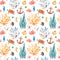 Seaworld watercolor background with cute turtle,seahorse,coral reef,seaweed