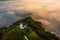 Sebrelje, Slovenia - Aerial drone view of the beautiful hilltop church of St.Ivan Sv. Ivan Cerkev at sunrise