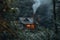 Secluded cabin amidst the misty forest