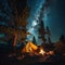 A secluded campsite comes alive at night, with a cozy tent and crackling campfire under a majestic sky sprinkled with