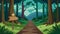 A secluded forest path marked with signs depicting stoic wisdom.. Vector illustration.