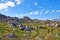 Secluded hiking location for scenic nature. Landscape of rocky mountain with boulders against a blue sky in summer