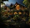 A secluded house nestled in the enchanting embrace of a moonlit forest. A house in the middle of a forest at night