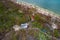 Secluded island camp site aerial drone image